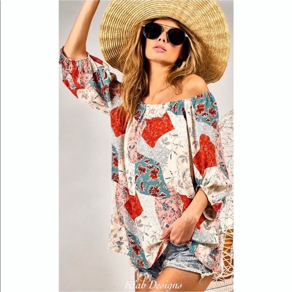 New!Clearance 🔥Boho Floral Patchwork Woven Off Shoulder Ballon Sleeve Soft Top - Picture 12 of 16